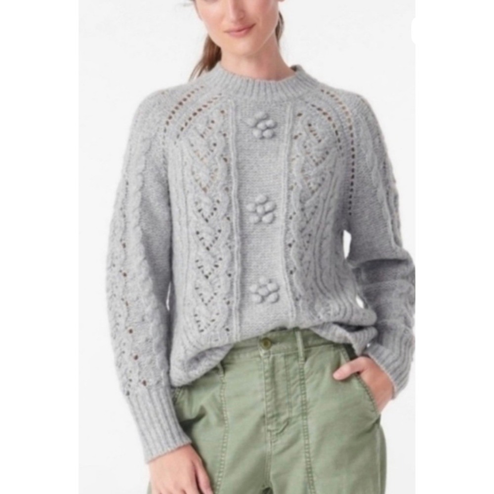 J. Crew Women L Gray Alpaca Blend Cable Knit Pointelle Sweater Popcorn Flowers